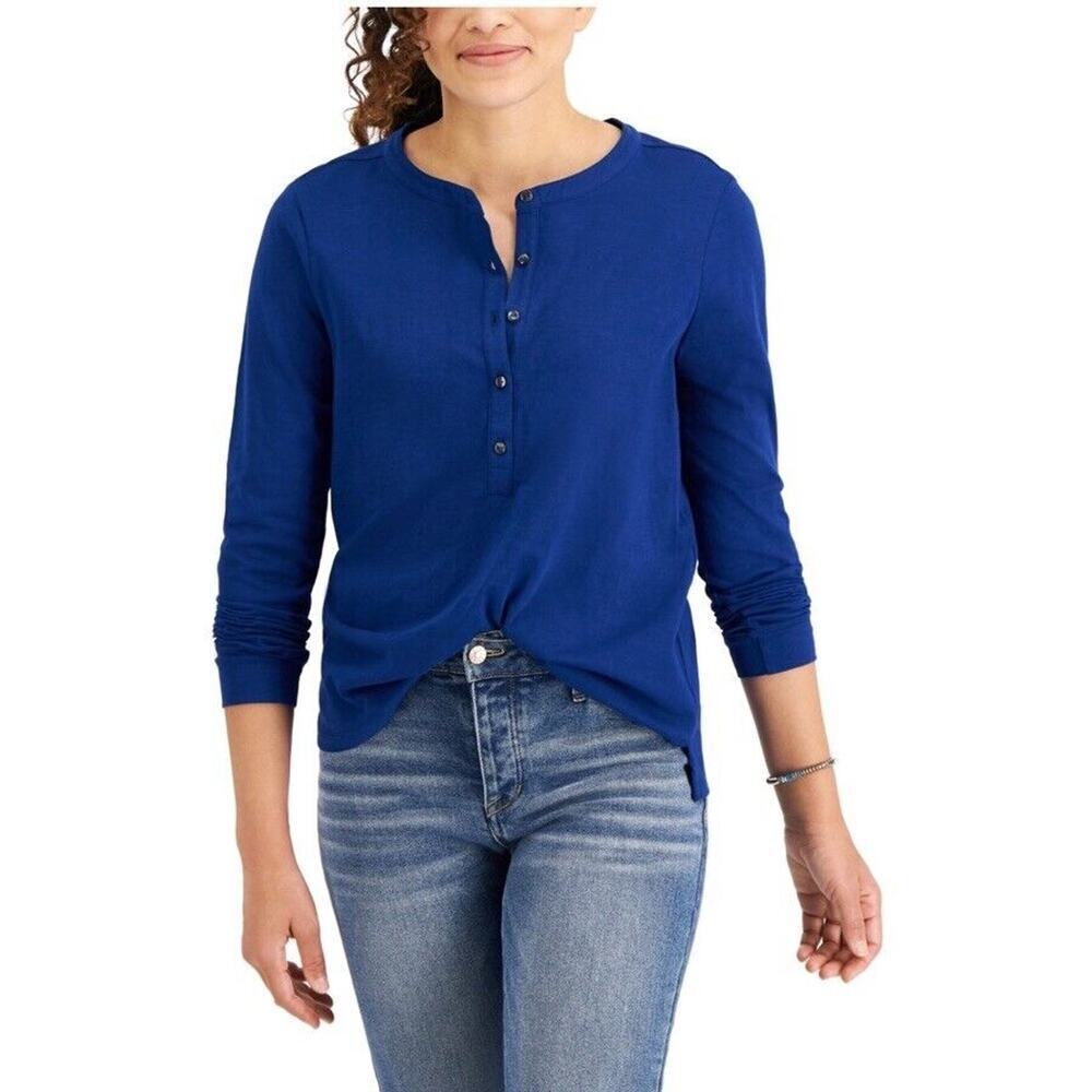 Style & Co Cotton Crew Neck Top Size Medium Blue